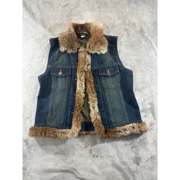 Vintage Cejon Vest Women's Large blue Denim Vest With Rabbit Fur Trim & Collar - Picture 1 of 11